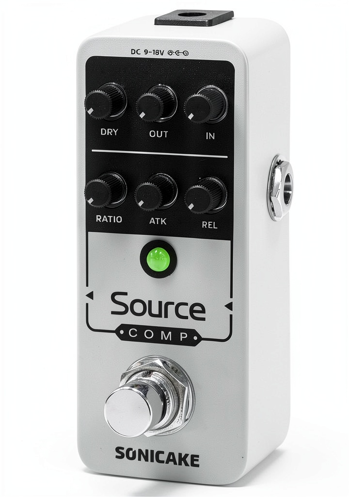 Source Comp pedal installed on a guitar pedalboard in a studio setting