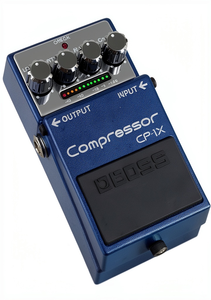 Guitarist using Boss CP-1X compressor on stage