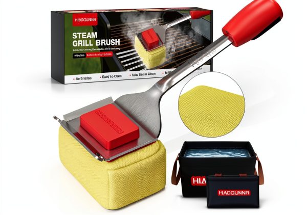 Grill Brush Bristle Free with Collapsible Bucket, BBQ Grill Cleaning Brush for Outdoor with Replaceable Head and Scraper, Safe Non-Metallic Bristles for Cast Iron or Stainless-Steel Grill Tools-0