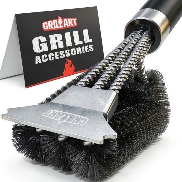 GRILLART Grill Brush and Scraper with Deluxe Handle, Safe Wire Grill Brush BBQ Cleaning Brush Grill Grate Cleaner for Gas Infrared Charcoal Porcelain Grills, BR-8529-0